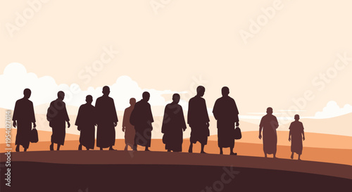 Silhouette illustration of a group of pilgrims or monks walking in a line across a desert landscape under a hazy sky, featuring traditional robes and carrying small hand bags.