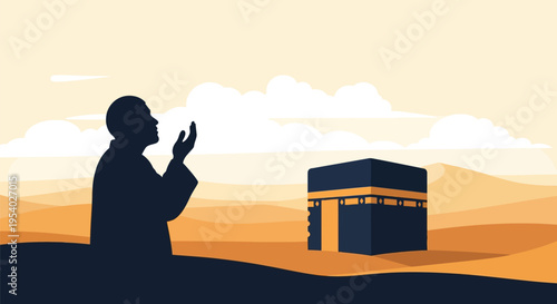 Silhouette of a Muslim male pilgrim performing supplication with raised hands facing the Kaaba in Mecca, Saudi Arabia, desert landscape with sand dunes and clouds, vector illustration.