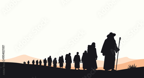 Black silhouette of a long line of travelers or pilgrims walking across a desert landscape with sand dunes under a clear sky, featuring a leader with a walking staff in front.