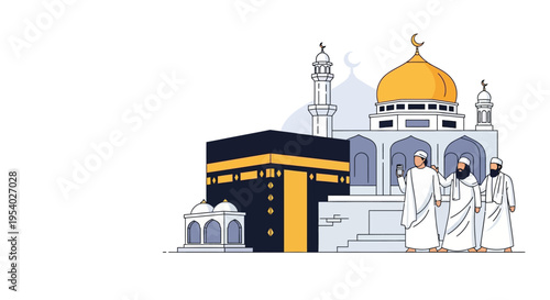 Clean vector illustration of Muslim pilgrims in white Ihram garments standing near the Kaaba and a mosque with a golden dome, one man holding a phone, set on a white background.