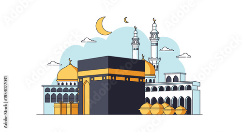 Clean vector illustration of the Kaaba in Mecca featuring Islamic architecture with tall minarets, golden domes, crescent moons, and stylized clouds on a plain white background.