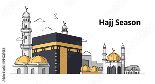 Minimalist vector illustration of the Kaaba in Mecca with golden domes and minarets for the Islamic Hajj Season pilgrimage, featuring clean line art on a white background.