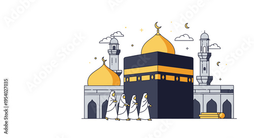 Vector illustration of the Holy Kaaba in Mecca with Muslim female pilgrims in white ihram walking during Hajj or Umrah, featuring mosque minarets and gold domes on white background.