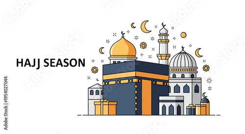Clean line art vector illustration of the Kaaba and mosque for Hajj Season, featuring gold domes, minarets, crescent moons, and stars against a white background for Islamic pilgrimage.