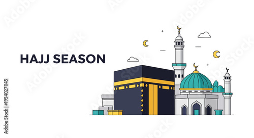 Vector illustration of the Kaaba in Mecca and a mosque with a teal dome and minaret for Hajj season, featuring bold text, crescent moon icons, and minimalist stars on white.