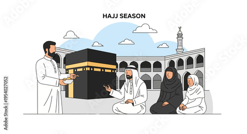 Flat vector illustration for Hajj season showing the Kaaba in Mecca with a Muslim family in traditional clothing sitting and standing near mosque arches and a minaret