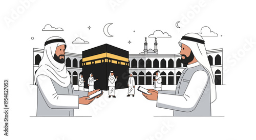 Minimalist flat vector illustration of two Arab men in traditional thobes and ghutra using smartphones in front of the Kaaba in Mecca during Hajj or Umrah with a crescent moon background.