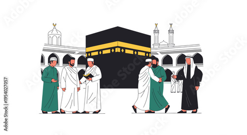 Minimalist flat vector illustration of Muslim men in traditional Ihram and thobes gathered at the Kaaba in Mecca, Saudi Arabia, for Hajj or Umrah pilgrimage rituals.