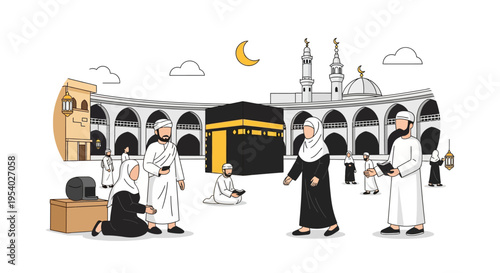 Minimalist flat vector illustration of Muslim pilgrims at the Kaaba in Masjid al-Haram, Mecca, featuring people in traditional dress performing religious rituals for Hajj or Umrah.