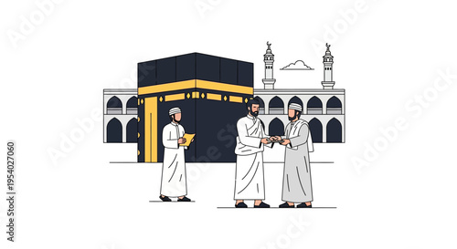 Minimalist flat vector illustration of Muslim pilgrims in white ihram clothing standing in front of the Kaaba at Masjid al-Haram in Mecca during Hajj or Umrah pilgrimage.