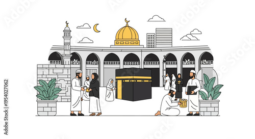 Minimalist flat vector illustration of pilgrims performing Hajj and Umrah around the Kaaba in Mecca, Saudi Arabia, featuring a golden dome mosque, skyscrapers, and a crescent moon.