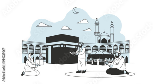 Flat vector illustration of the Holy Kaaba in Mecca, Saudi Arabia, featuring Muslim pilgrims in traditional attire praying and reading during Hajj or Umrah pilgrimage rituals.