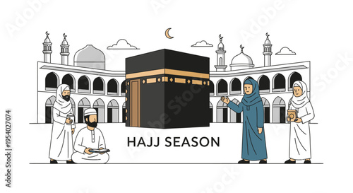 Minimalist flat vector illustration of the Kaaba at Masjid al-Haram with the text Hajj Season, featuring Muslim pilgrims in traditional clothing, minarets, and mosque architecture.