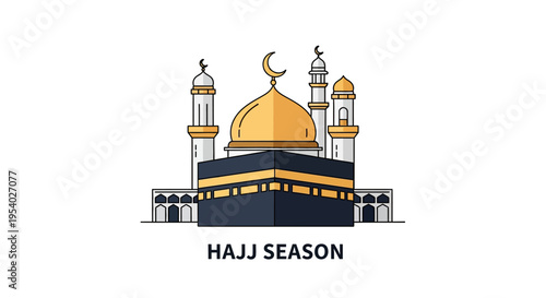 Modern vector illustration of the Holy Kaaba in Mecca for Hajj season featuring a golden dome mosque with minarets and crescent moon symbol on a clean white background.