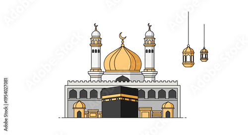 Flat vector illustration of the Kaaba in Mecca with a mosque featuring a large gold dome, two minarets topped with crescents, and hanging lanterns on a white background.