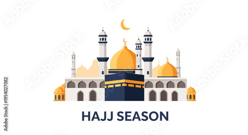 Flat vector illustration of the Kaaba in Mecca with Islamic mosque architecture, golden domes, minarets, and crescent moon, including the text Hajj Season on white background.