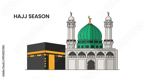 Vector illustration of the Holy Kaaba in Mecca and Al-Masjid an-Nabawi with its iconic green dome and minarets, including text HAJJ SEASON, for Islamic religious pilgrimage.