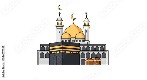 Vector illustration of the Holy Kaaba in Mecca and a mosque with golden domes and minarets featuring crescent moons, designed in a clean flat art style on a white background.