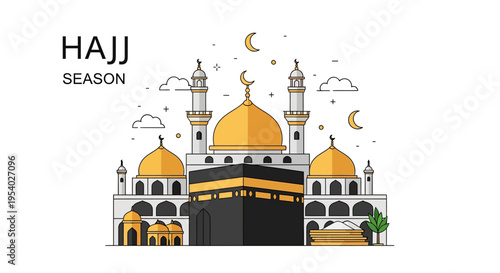 Flat line art vector illustration of the Kaaba in Mecca with the Masjid al-Haram mosque featuring golden domes, minarets, crescent moons and clouds with Hajj Season typography.