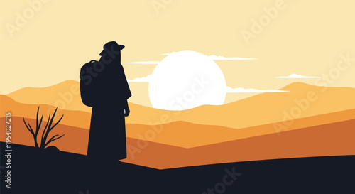 Minimalist vector illustration featuring a dark silhouette of a traveler with a backpack and hat looking at a large glowing sun over desert sand dunes and hills at sunset.