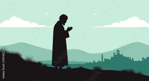 Silhouette of a man in long robes standing in a prayer pose on a grassy hill overlooking a distant historical city with domes and minarets under a soft teal sky with clouds.