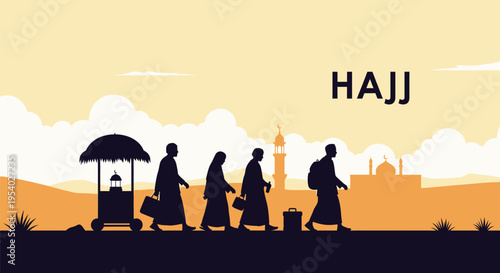 Digital illustration showing silhouettes of Muslim pilgrims walking in a desert with luggage and a cart toward a mosque with minarets, featuring the word HAJJ in the sky.
