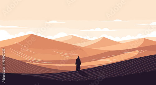Minimalist vector illustration of a lone robed silhouette figure walking through a vast desert landscape featuring layered sand dunes under a pale sky with soft white clouds.