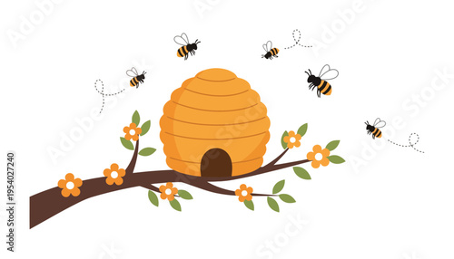 A bee hive illustration with bees flying around it on a branch