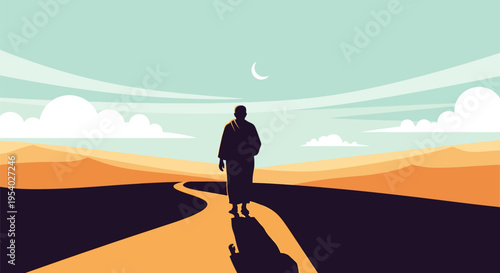 Minimalist vector illustration of a silhouetted pilgrim walking on a winding desert path toward distant sand dunes under a crescent moon and soft blue sky with stylized clouds.