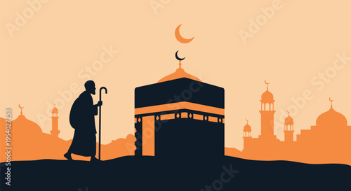 Silhouette of a Muslim pilgrim with a walking stick approaching the Kaaba in Mecca, Saudi Arabia, against a sunset orange sky with mosque minarets and crescent moons.