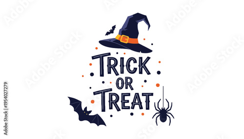 A Halloween trick or treat illustration with a witch hat and spider