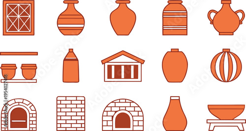 Set of fifteen orange line art icons representing various architectural elements and ceramic pots