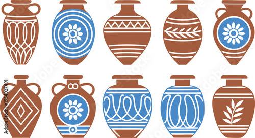 Collection of ten decorative terracotta vases with various intricate blue and white patterns
