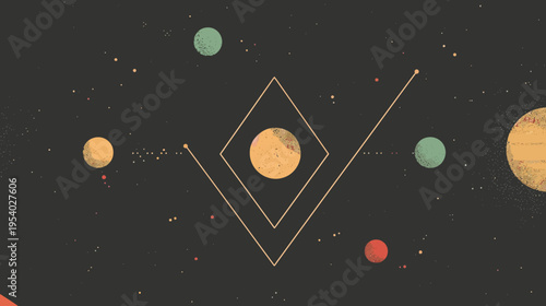 Abstract geometric art with planets and stars on a dark background