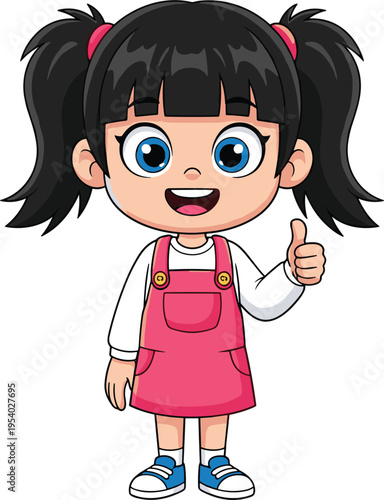 Cute happy little girl character with pigtails wearing a pink jumper dress and giving a thumbs up gesture isolated on white background vector illustration.