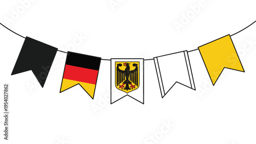 Festive German flag bunting on a line featuring pennants in national colors of black red and gold with eagle emblems.