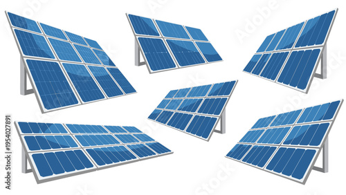 Multiple blue solar panels arranged at various angles on a white background to capture energy from the sun.