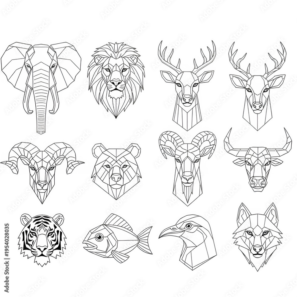 Obraz premium Geometric animal heads in black and white line art style various wildlife illustrations