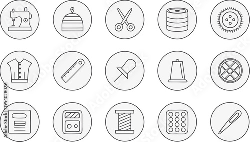 Set of fifteen circular icons representing various essential sewing and tailoring equipment tools