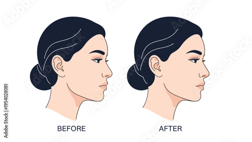 Side profile comparison of woman facial features showing before and after results of cosmetic surgery or skin rejuvenation treatment.