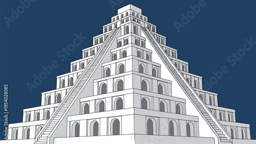 Ancient architectural structure of massive step pyramid or ziggurat with numerous stairs and arched entrances under dark blue sky.