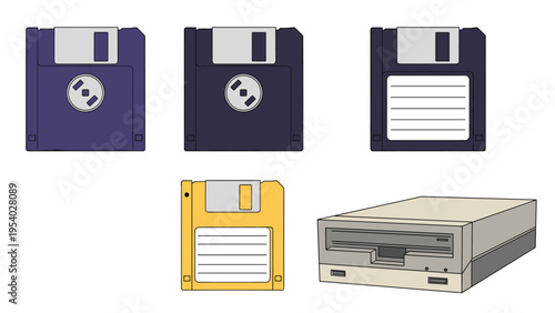 Retro computer storage collection including colorful floppy disks and external drive reader for legacy data management and hardware.