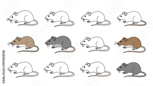 Scientific grid of twelve mice in different fur colors such as white brown and gray commonly used for laboratory research and testing.