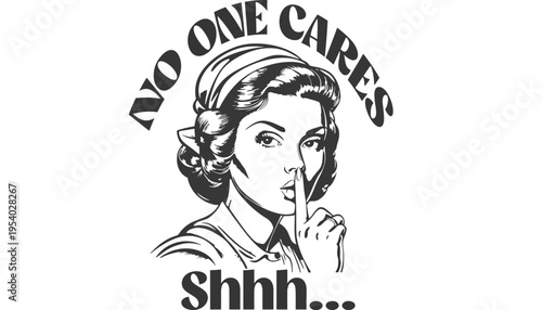 A vintage style illustration of a woman with a shhh gesture