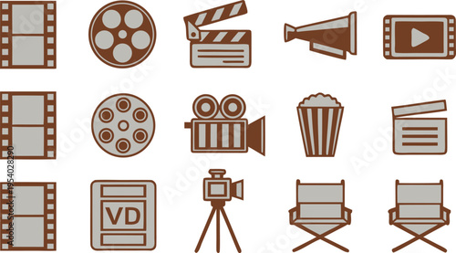 A collection of fifteen various brown and grey hand drawn movie and cinema industry theme icons