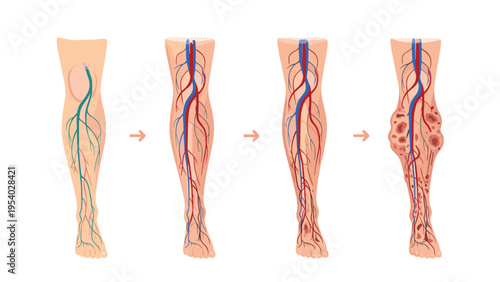 Medical diagram showing the progressive stages of varicose veins and venous insufficiency in the lower leg over time.