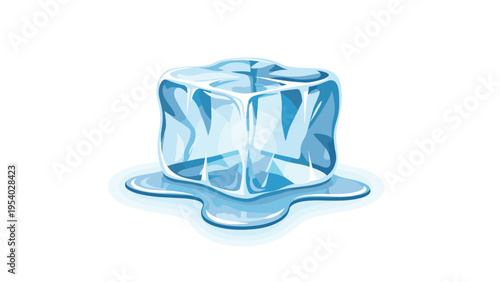 Detailed illustration of a clear blue ice cube melting on a flat surface with a pool of water forming underneath it.