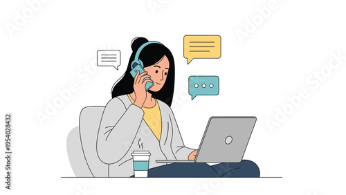 Illustration of a focused young woman working on her laptop with headphones and a cup of coffee at a modern desk.