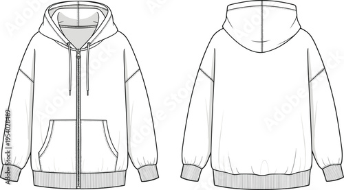 Blank oversized zip up hoodie technical flat sketch template vector with front and back views for fashion tech packs.