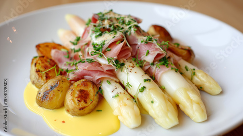 White asparagus with ham, potatoes and hollandaise sauce 